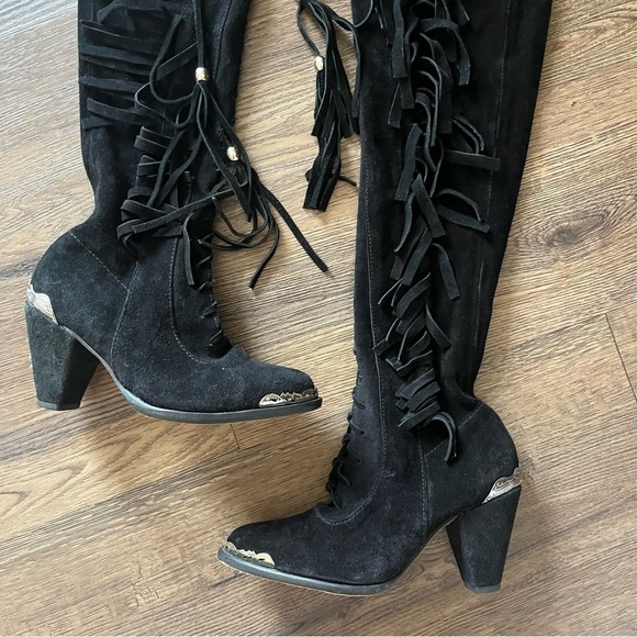 Spell Gypsy Black Witch Mimi Fringe Over the Knee Boots Size 7 US​ - Picture 3 of 10